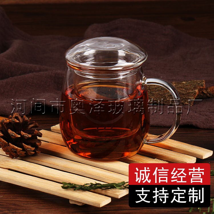 加厚耐热玻璃茶杯 透明泡茶玻璃杯 奥泽供应 带盖过滤水杯子办公花茶杯